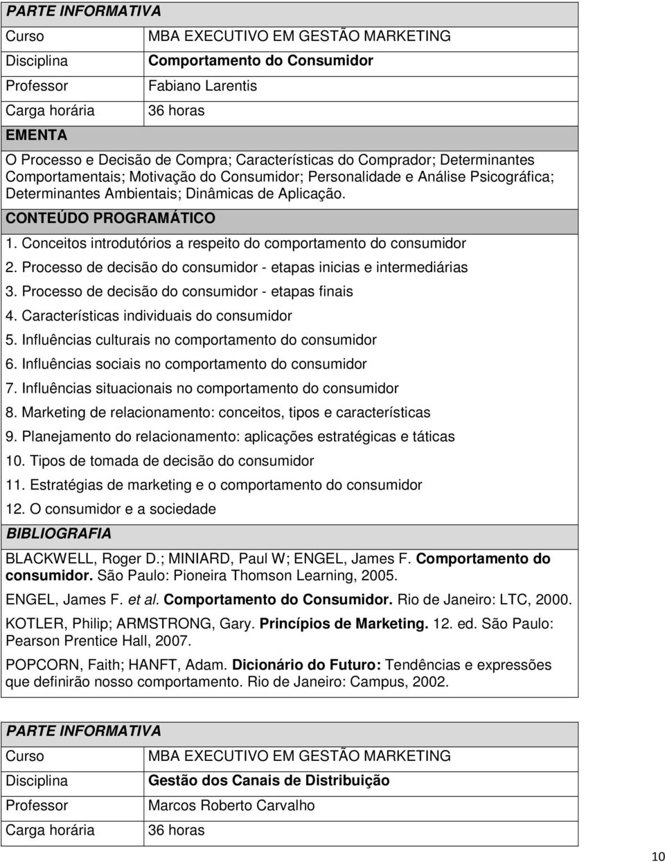 Processo de decisão do consumidor - etapas inicias e intermediárias 3. Processo de decisão do consumidor - etapas finais 4. Características individuais do consumidor 5.