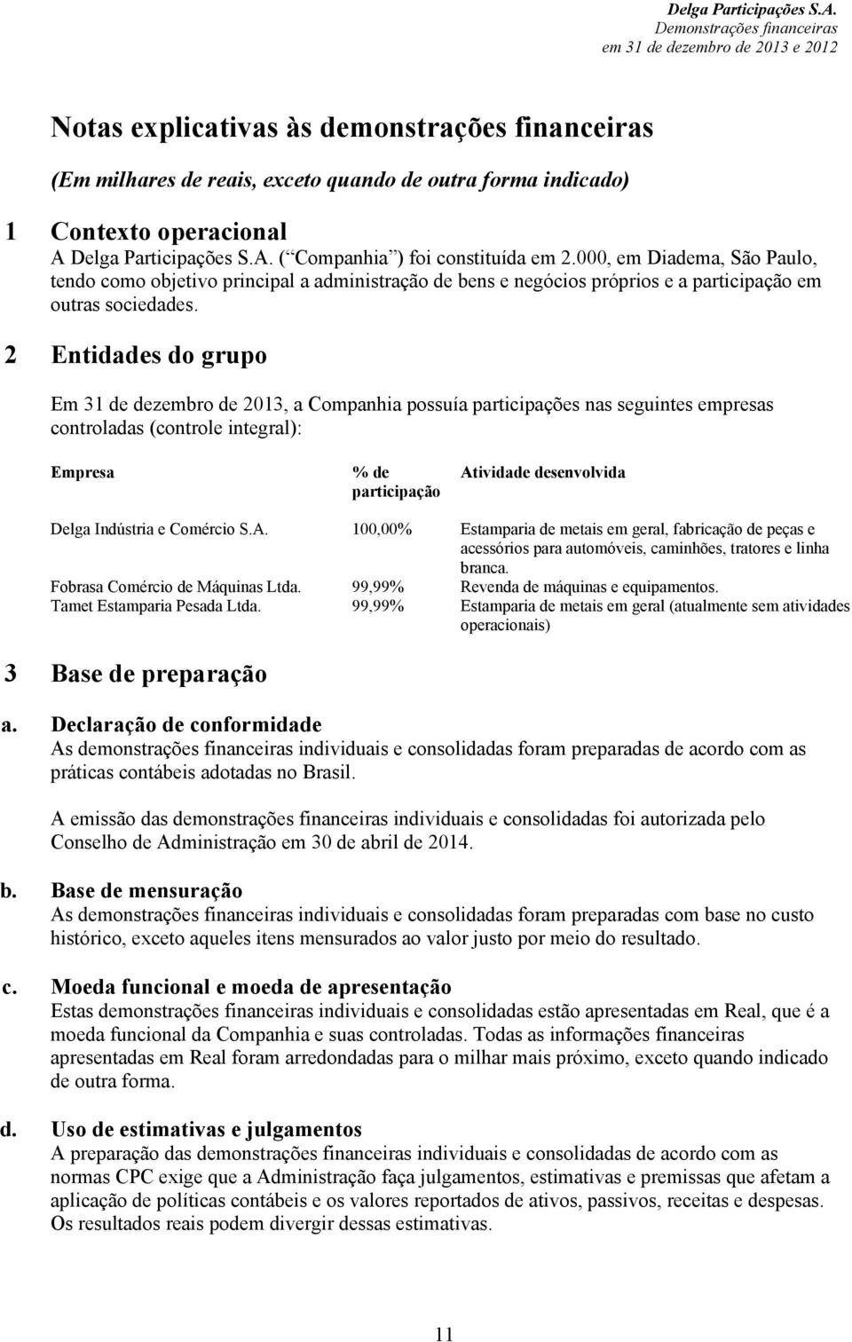 2 Entidades do grupo Em 31 de dezembro de 2013, a Companhia possuía participações nas seguintes empresas controladas (controle integral): Empresa % de participação Atividade desenvolvida Delga