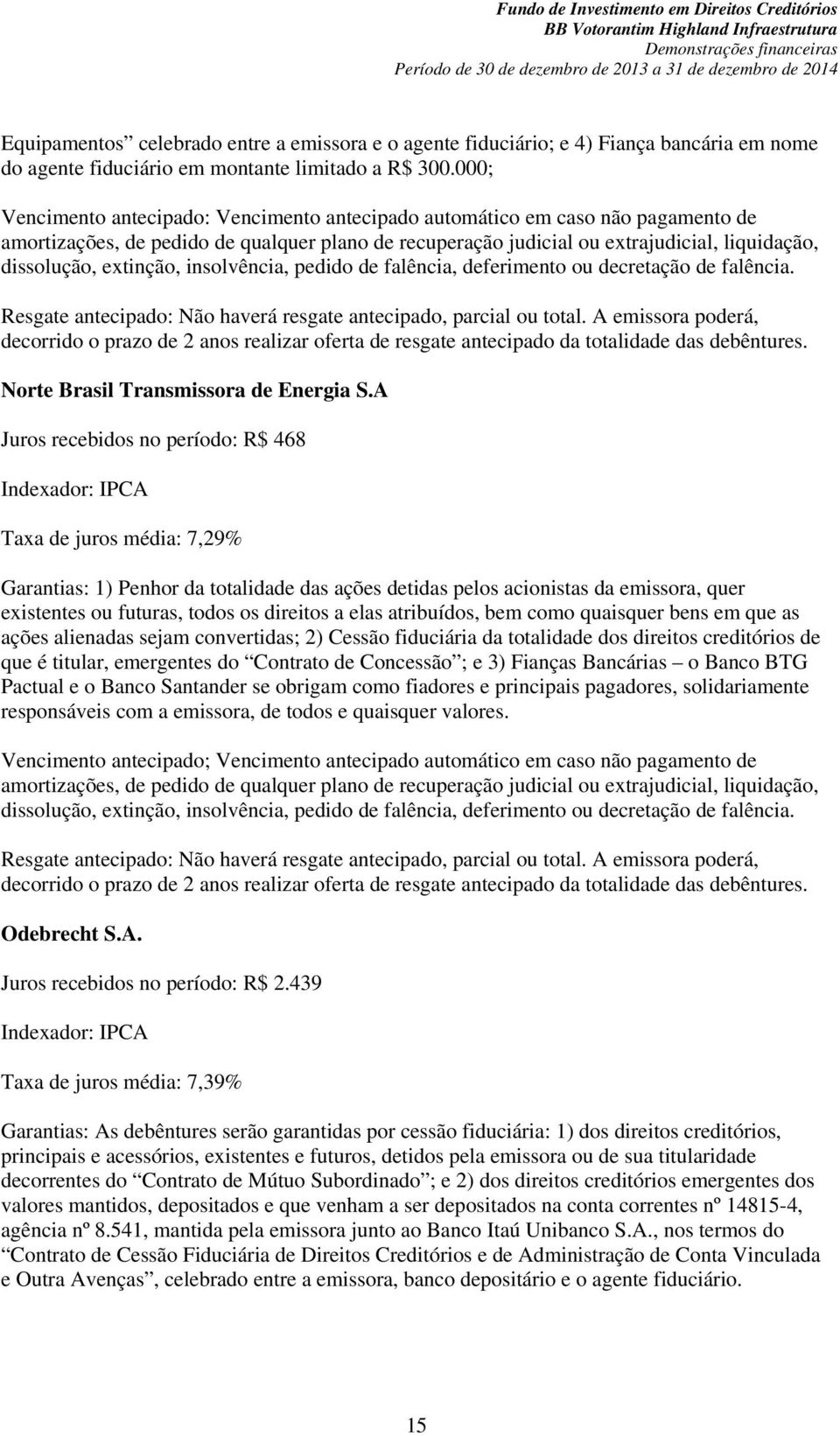 extinção, insolvência, pedido de falência, deferimento ou decretação de falência. Resgate antecipado: Não haverá resgate antecipado, parcial ou total.