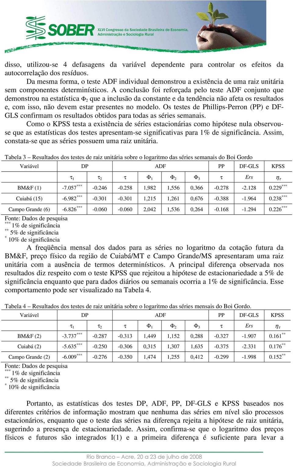 A conclusão foi reforçada pelo ese ADF conjuno que demonsrou na esaísica Φ 2 que a inclusão da consane e da endência não afea os resulados e, com isso, não devem esar presenes no modelo.