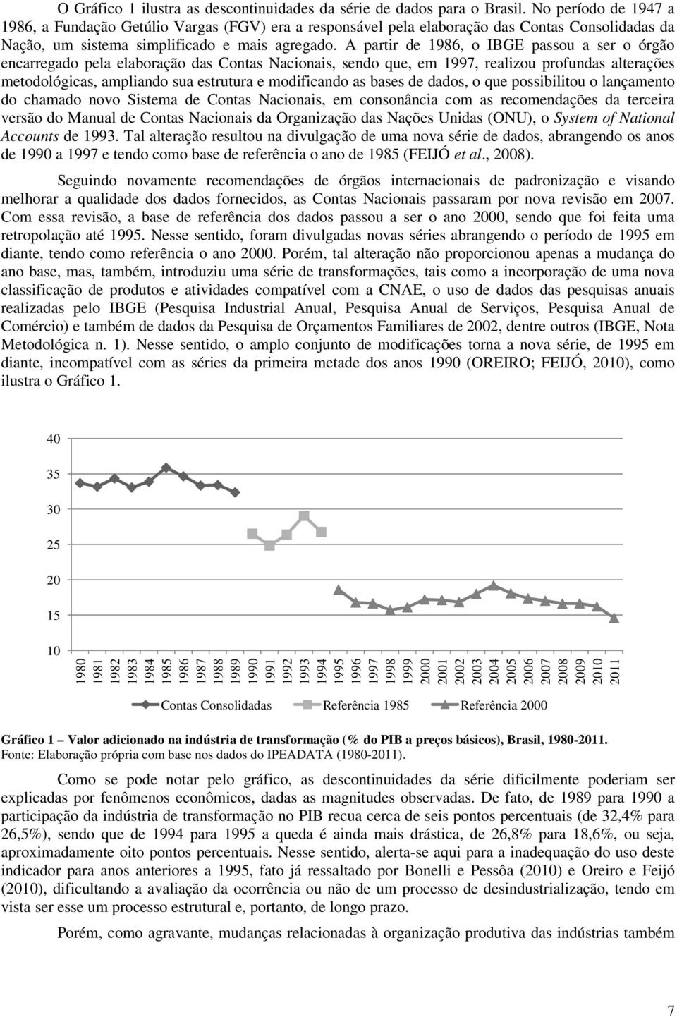 A partir de 1986, o IBGE passou a ser o órgão encarregado pela elaboração das Contas Nacionais, sendo que, em 1997, realizou profundas alterações metodológicas, ampliando sua estrutura e modificando