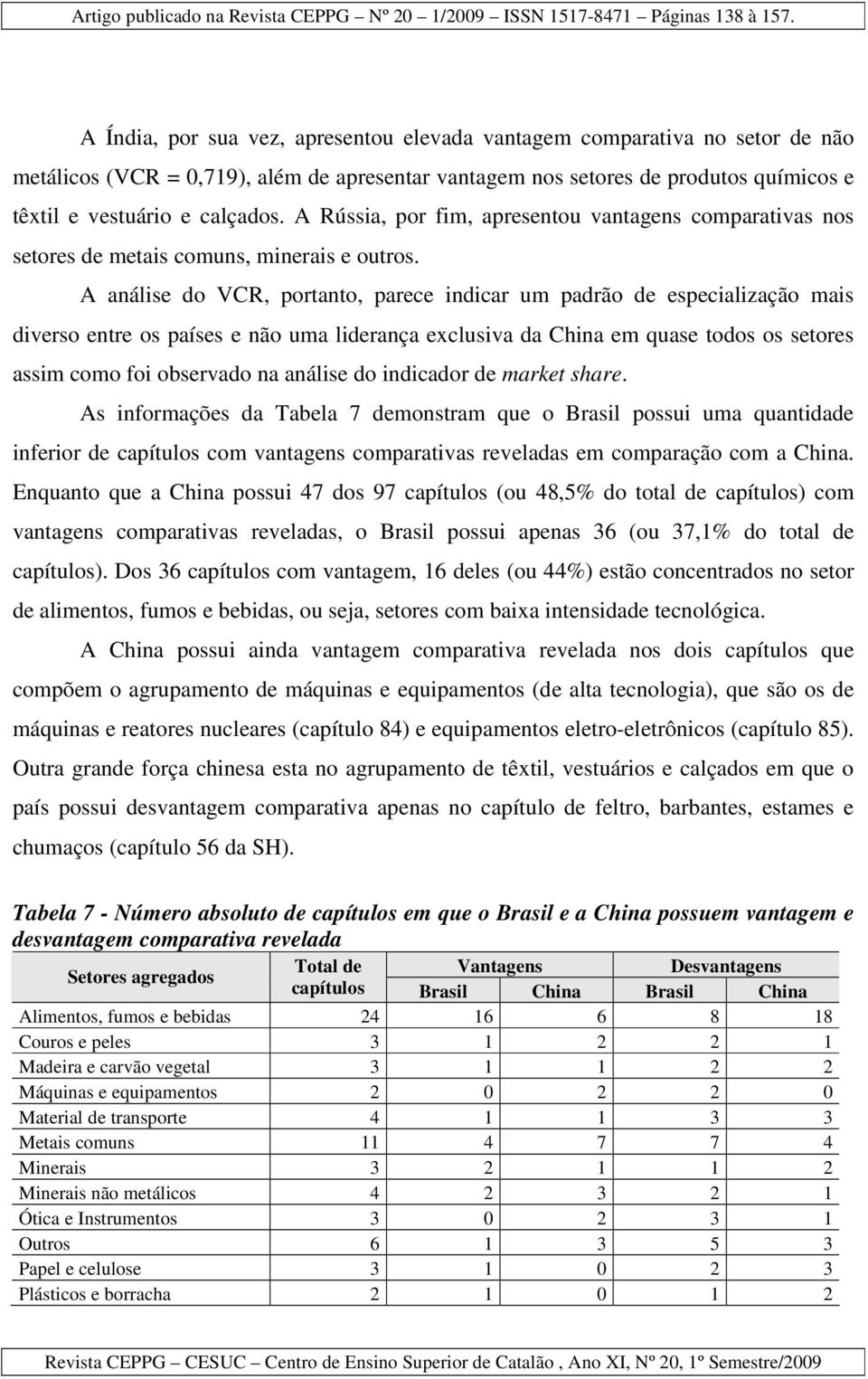 A análise do VCR, portanto, parece indicar um padrão de especialização mais diverso entre os países e não uma liderança exclusiva da China em quase todos os setores assim como foi observado na