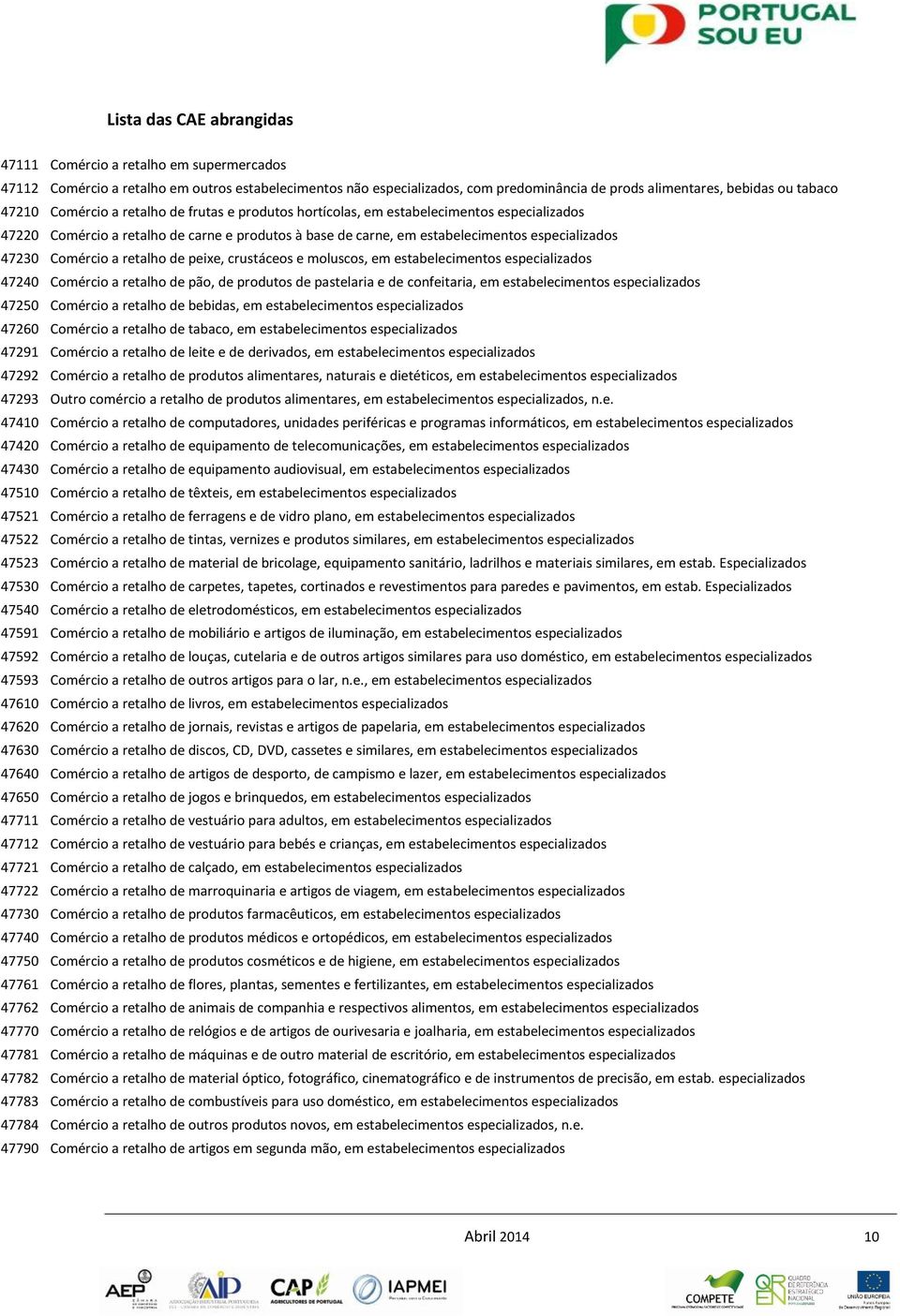 Comércio a retalho de peixe, crustáceos e moluscos, em estabelecimentos especializados 47240 Comércio a retalho de pão, de produtos de pastelaria e de confeitaria, em estabelecimentos especializados