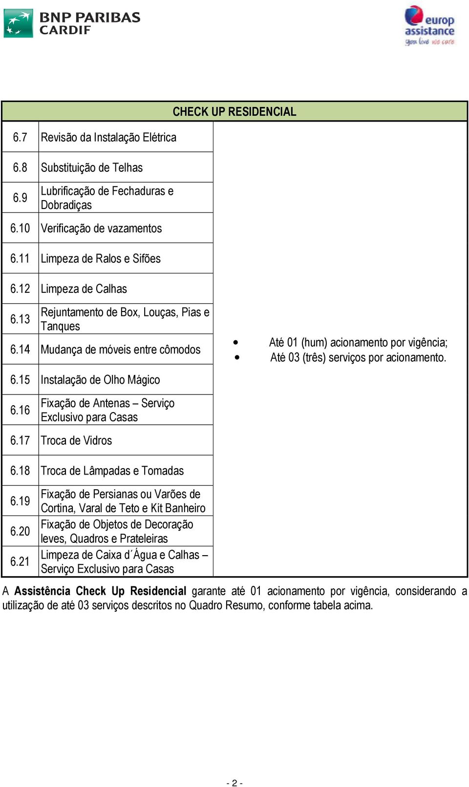 16 Fixação de Antenas Serviço Exclusivo para Casas 6.17 Troca de Vidros Até 01 (hum) acionamento por vigência; Até 03 (três) serviços por acionamento. 6.18 Troca de Lâmpadas e Tomadas 6.19 6.20 6.