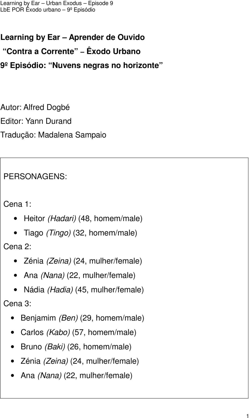 Cena 2: Zénia (Zeina) (24, mulher/female) Ana (Nana) (22, mulher/female) Nádia (Hadia) (45, mulher/female) Cena 3: Benjamim (Ben)