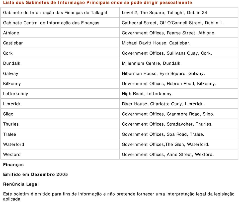 Athlone Castlebar Cork Dundalk Galway Kilkenny Letterkenny Limerick Sligo Thurles Tralee Waterford Wexford Government Offices, Pearse Street, Athlone. Michael Davitt House, Castlebar.