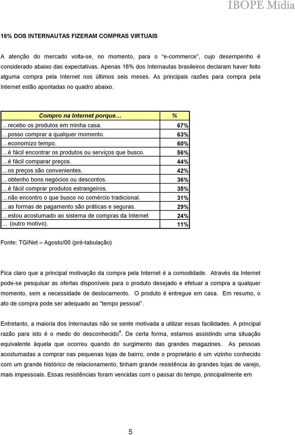 Compro na Internet porque % recebo os produtos em minha casa. 67% posso comprar a qualquer momento. 63% economizo tempo. 60% é fácil encontrar os produtos ou serviços que busco.