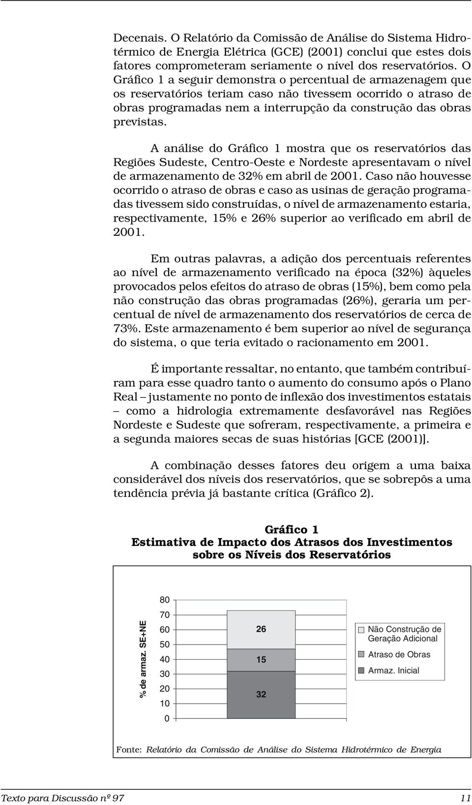 A análise do Gráfico 1 mostra que os reservatórios das Regiões Sudeste, Centro-Oeste e Nordeste apresentavam o nível de armazenamento de 32% em abril de 2001.