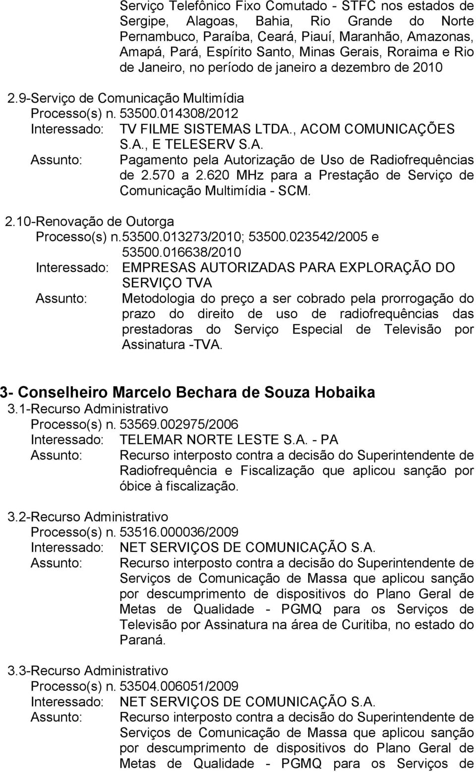 A. Pagamento pela Autorização de Uso de Radiofrequências de 2.570 a 2.620 MHz para a Prestação de Serviço de Comunicação Multimídia - SCM. 2.10- Renovação de Outorga Processo(s) n. 53500.