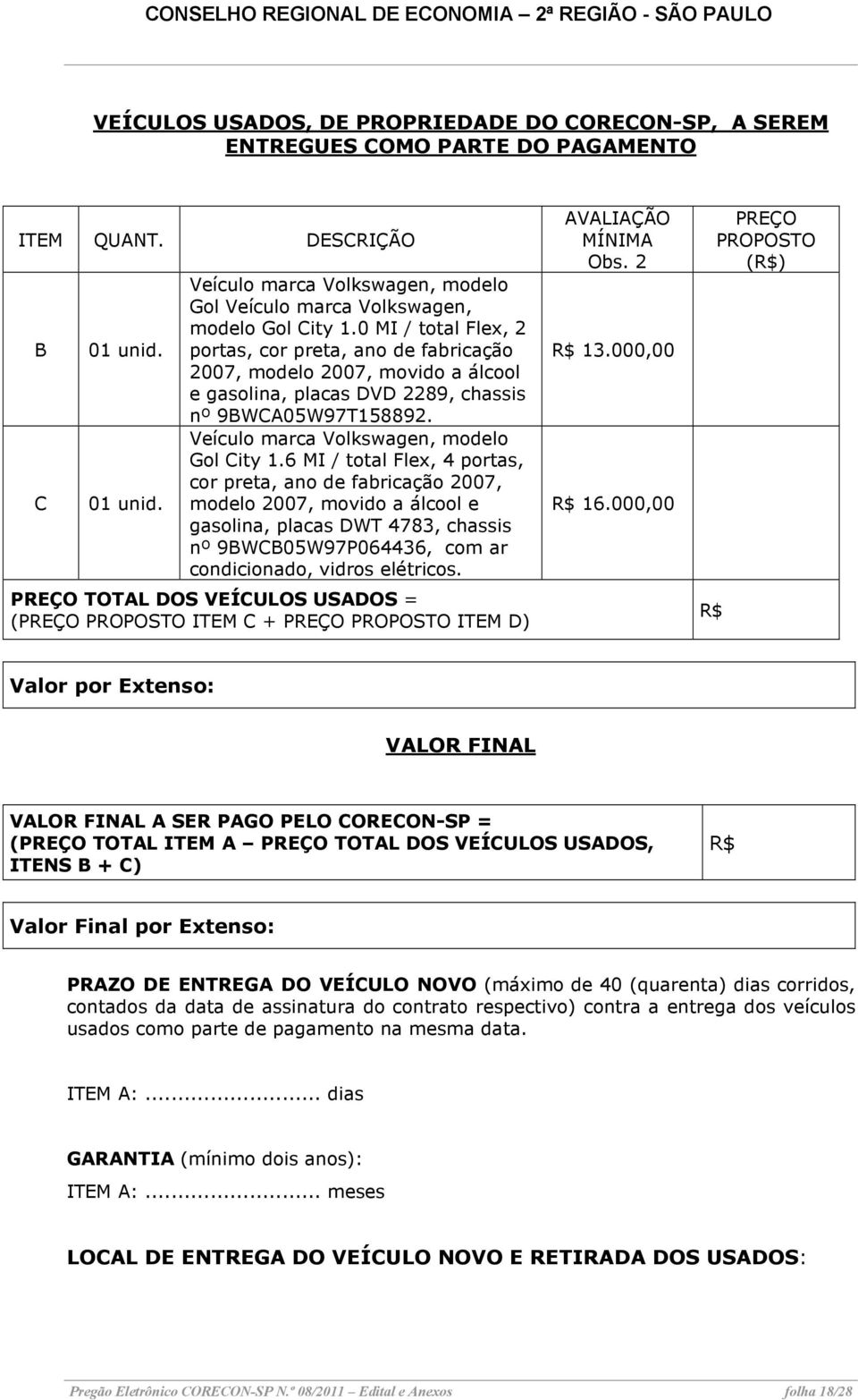 0 MI / total Flex, 2 portas, cor preta, ano de fabricação 2007, modelo 2007, movido a álcool e gasolina, placas DVD 2289, chassis nº 9BWCA05W97T158892. Veículo marca Volkswagen, modelo Gol City 1.