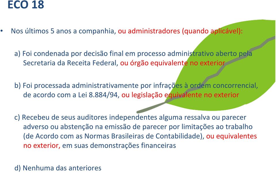 884/94, ou legislação equivalente no exterior c) Recebeu de seus auditores independentes alguma ressalva ou parecer adverso ou abstenção na emissão de parecer