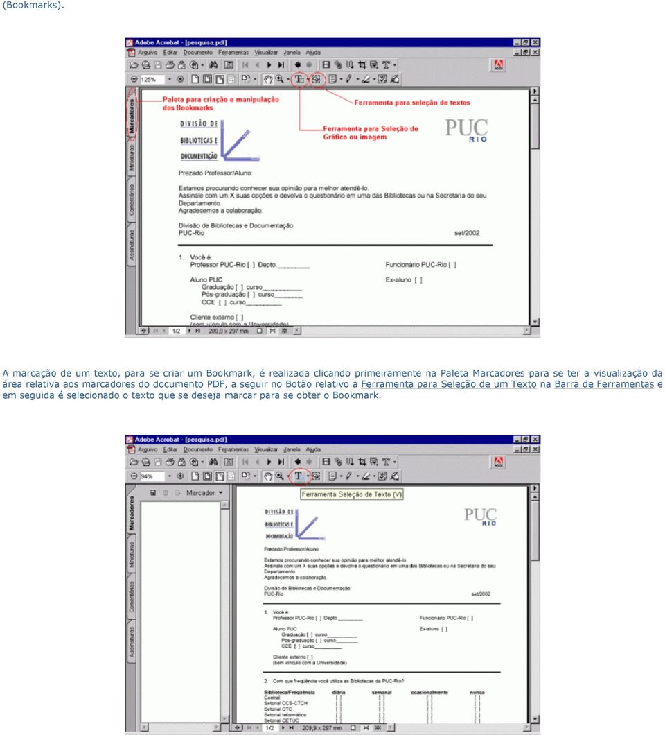 Paleta Marcadores para se ter a visualização da área relativa aos marcadores do documento