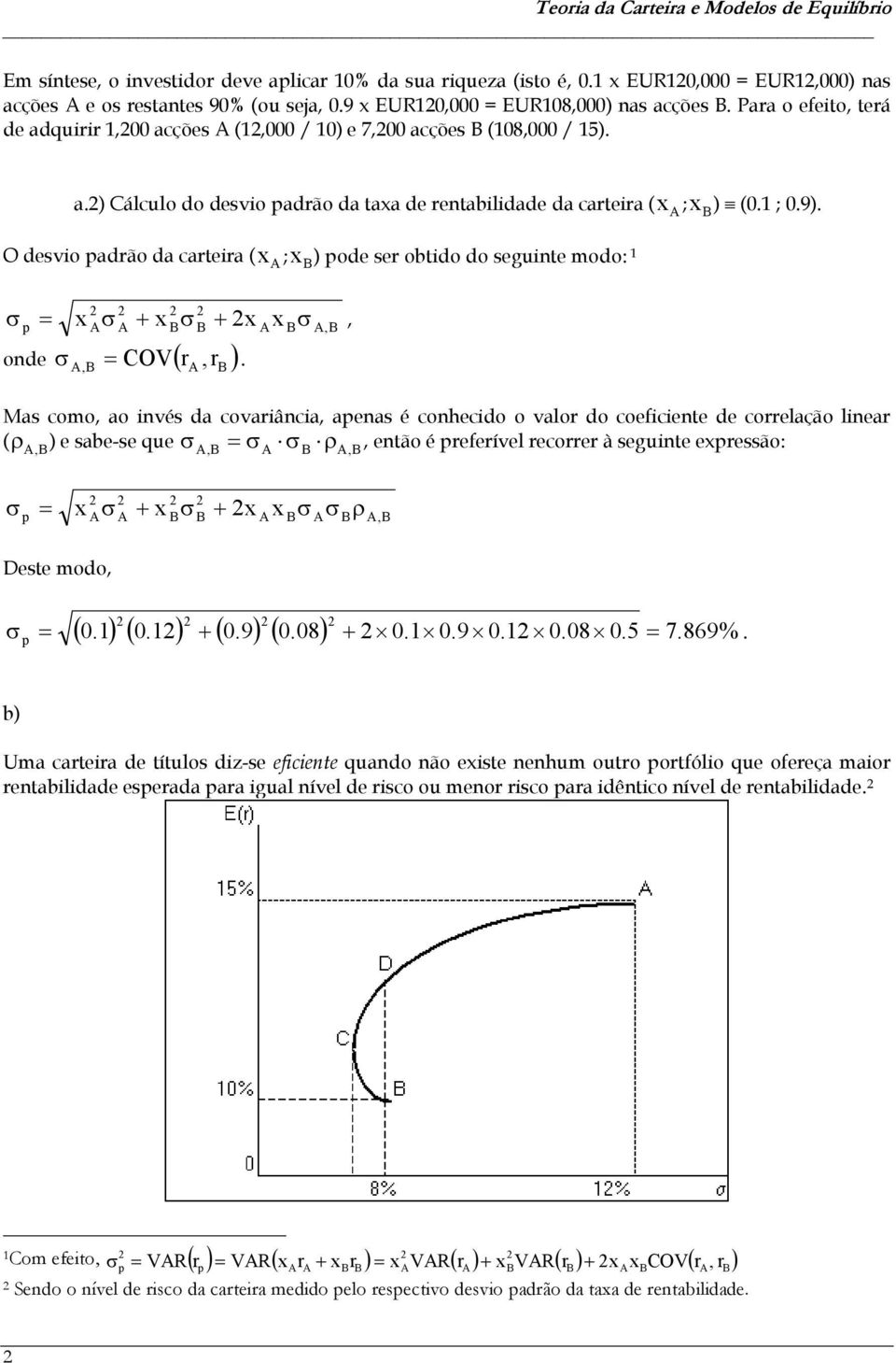 O desvio adrão da carteira (x ;x ) ode ser obtido do seguinte modo: 1 x x x x, onde COVr, r.