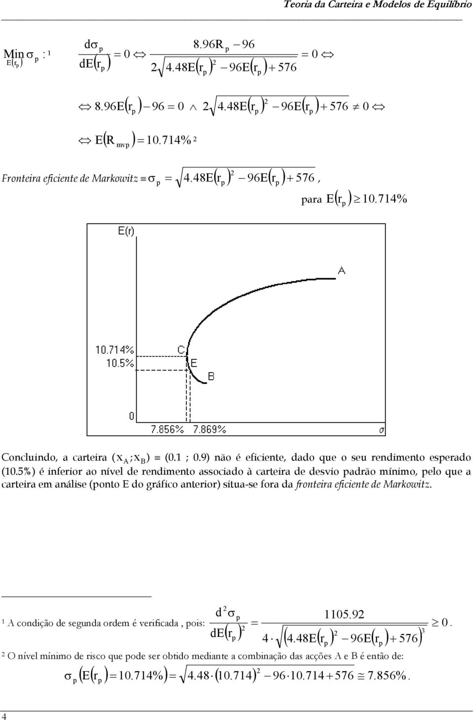 5%) é inerior ao nível de rendimento associado à carteira de desvio adrão mínimo, elo que a carteira em análise (onto E do gráico anterior) situa-se ora da ronteira