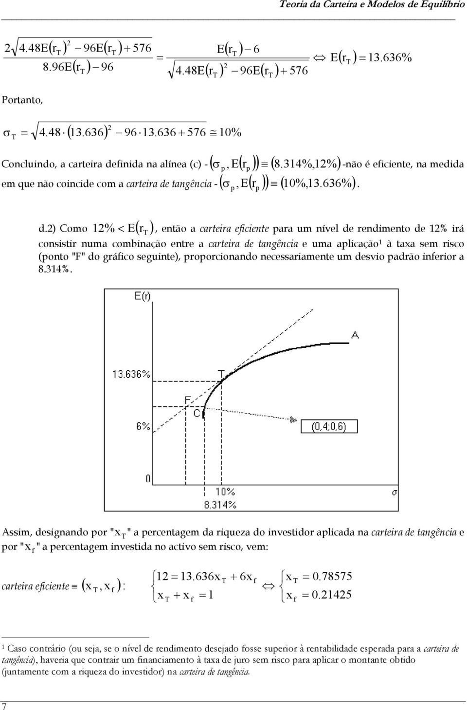 -não é eiciente, na medida 1, então a carteira eiciente ara um nível de rendimento de 1% irá consistir numa combinação entre a carteira de tangência e uma alicação 1 à taxa sem risco (onto "F" do