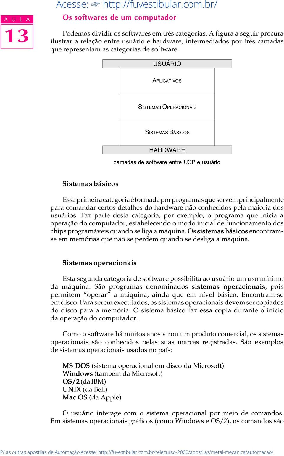 USUÁRIO APLICATIVOS SISTEMAS OPERACIONAIS SISTEMAS BÁSICOS HARDWARE camadas de software entre UCP e usuário Sistemas básicos Essa primeira categoria é formada por programas que servem principalmente