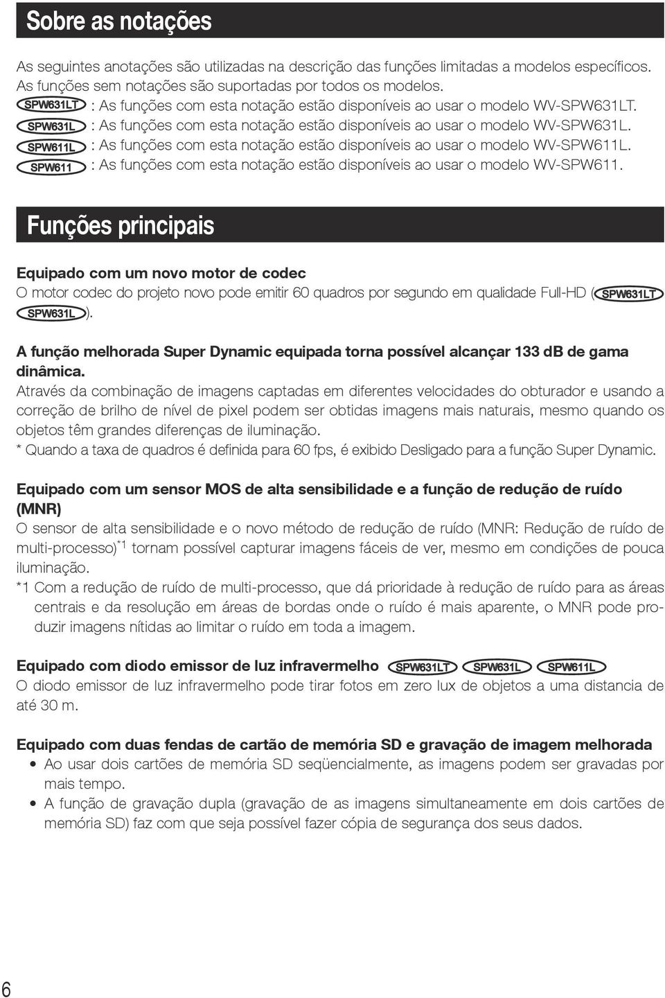 SPW611L : As funções com esta notação estão disponíveis ao usar o modelo WV-SPW611L. SPW611 : As funções com esta notação estão disponíveis ao usar o modelo WV-SPW611.