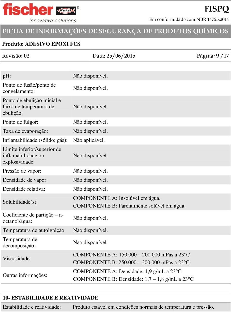 Limite inferior/superior de inflamabilidade ou explosividade: Pressão de vapor: Densidade de vapor: Densidade relativa: Solubilidade(s): Coeficiente de partição n- octanol/água: Temperatura de