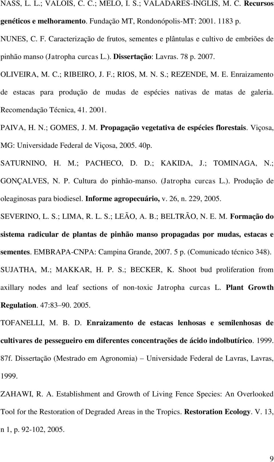 OLIVEIRA, M. C.; RIBEIRO, J. F.; RIOS, M. N. S.; REZENDE, M. E. Enraizamento de estacas para produção de mudas de espécies nativas de matas de galeria. Recomendação Técnica, 41. 2001. PAIVA, H. N.; GOMES, J.