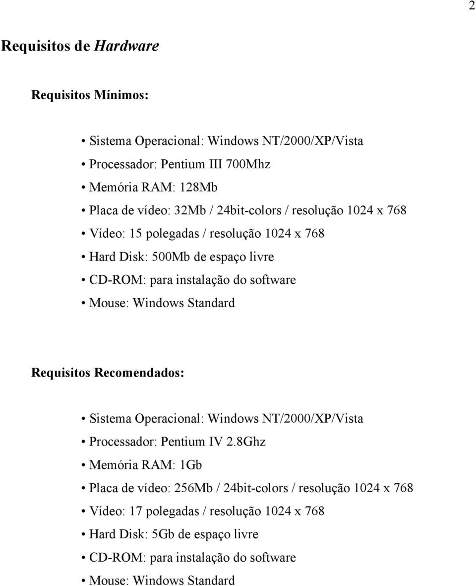 Windows Standard Requisitos Recomendados: Sistema Operacional: Windows NT/2000/XP/Vista Processador: Pentium IV 2.