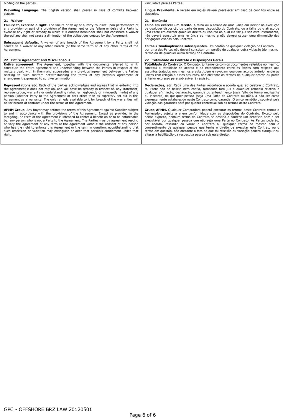 entitled hereunder shall not constitute a waiver thereof and shall not cause a diminution of the obligations created by the Agreement. Subsequent defaults.