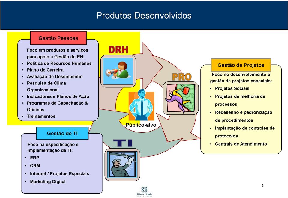 implementação de TI: ERP CRM Gestão de TI Internet / Projetos Especiais Marketing Digital Público-alvo Gestão de Projetos Foco no desenvolvimento e gestão de