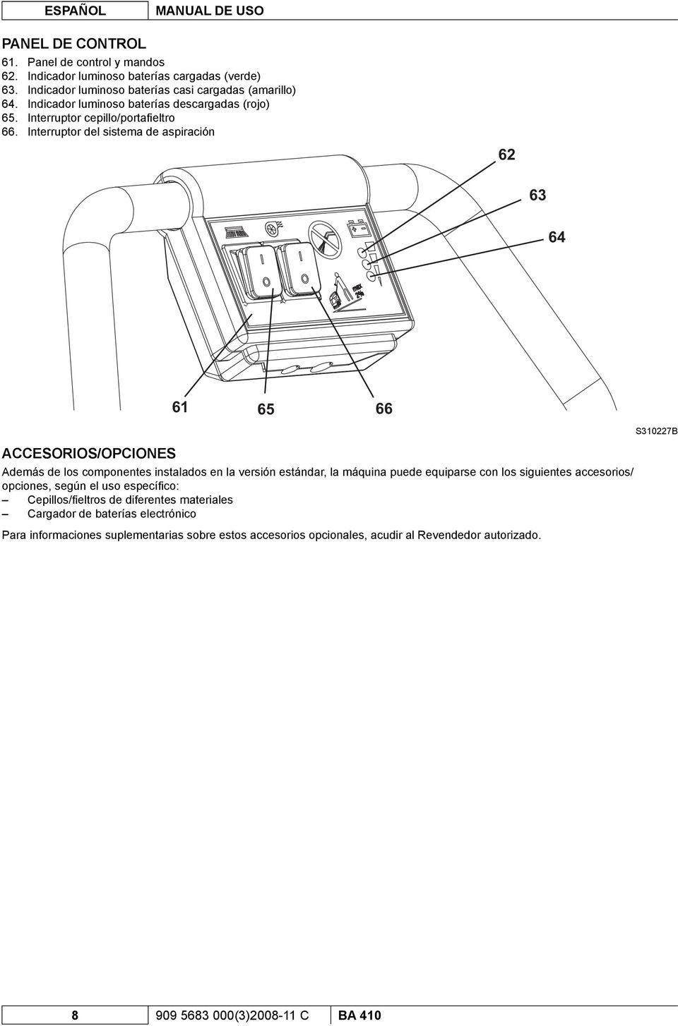 Interruptor del sistema de aspiración 62 63 64 61 65 66 S310227B ACCESORIOS/OPCIONES Además de los componentes instalados en la versión estándar, la máquina puede equiparse con