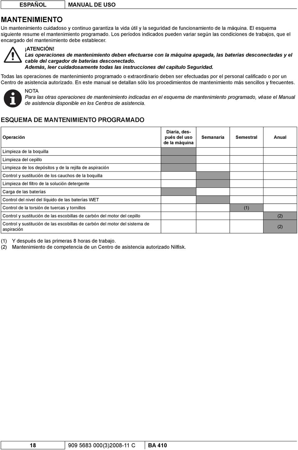 Las operaciones de mantenimiento deben efectuarse con la máquina apagada, las baterías desconectadas y el cable del cargador de baterías desconectado.