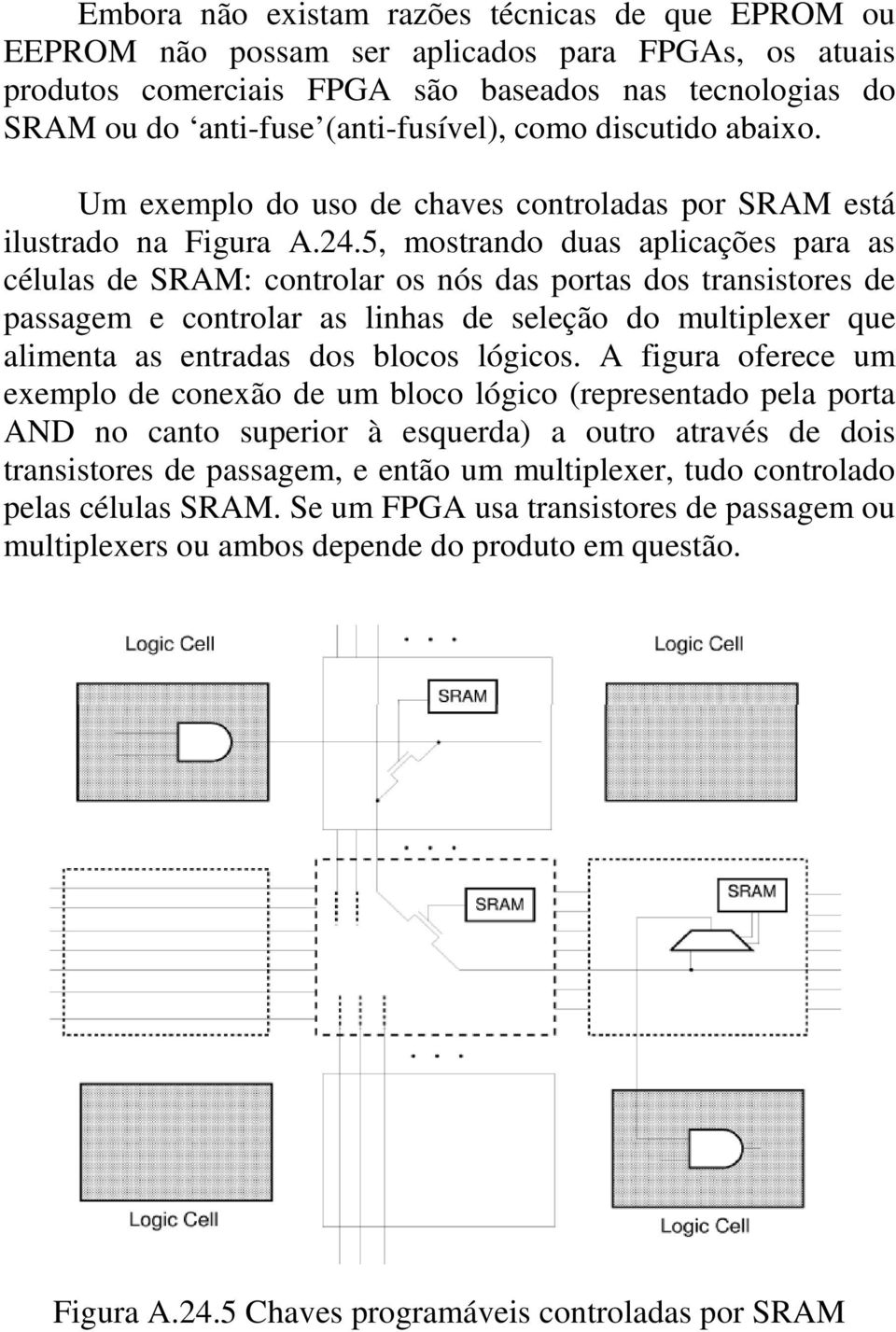 5, mostrando duas aplicações para as células de SRAM: controlar os nós das portas dos transistores de passagem e controlar as linhas de seleção do multiplexer que alimenta as entradas dos blocos