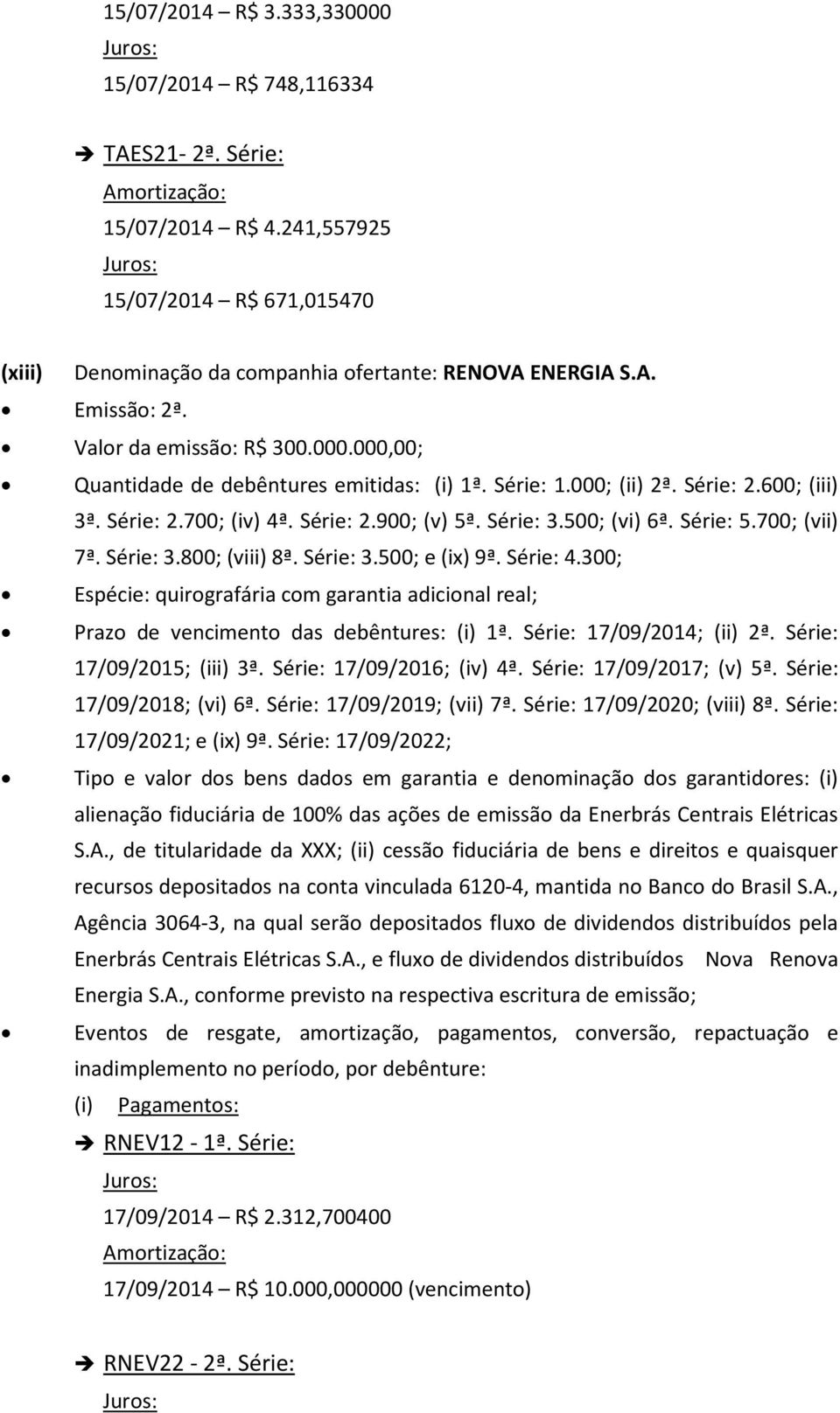 Série: 5.700; (vii) 7ª. Série: 3.800; (viii) 8ª. Série: 3.500; e (ix) 9ª. Série: 4.300; Espécie: quirografária com garantia adicional real; Prazo de vencimento das debêntures: (i) 1ª.