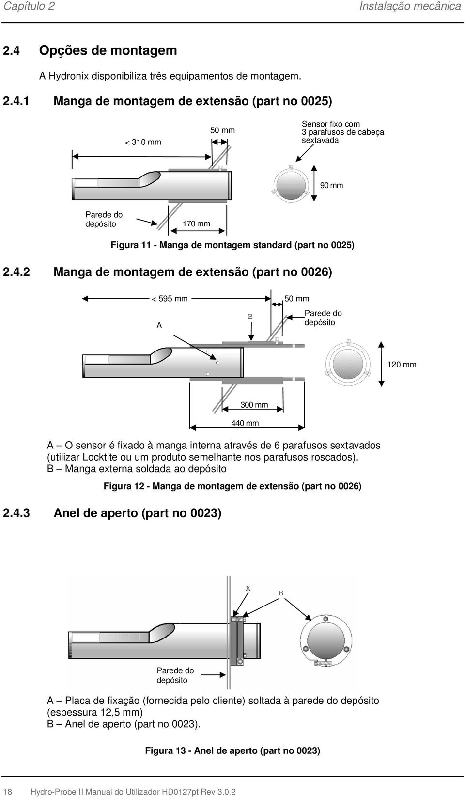 1 Manga de montagem de extensão (part no 0025) < 310 mm 50 mm Sensor fixo com 3 parafusos de cabeça sextavada 90 mm Parede do depósito 170 mm Figura 11 - Manga de montagem standard (part no 0025) 2.4.