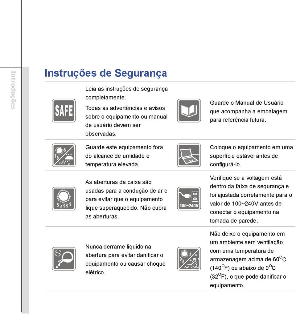 Não cubra as aberturas. Nunca derrame líquido na abertura para evitar danificar o equipamento ou causar choque elétrico. Guarde o Manual de Usuário que acompanha a embalagem para referência futura.