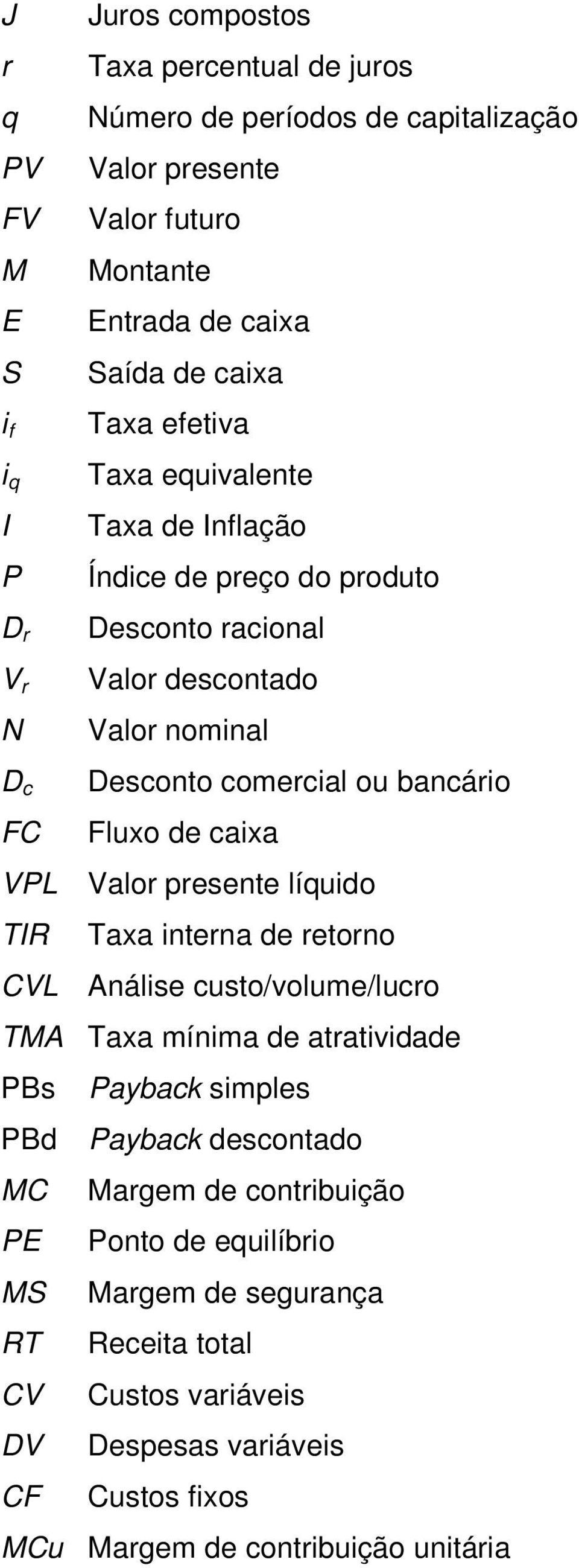 bacário Fluxo de caixa Valor presete líquido Taxa itera de retoro CVL Aálise custo/volume/lucro TMA Taxa míima de atratividade PBs Payback simples PBd Payback descotado