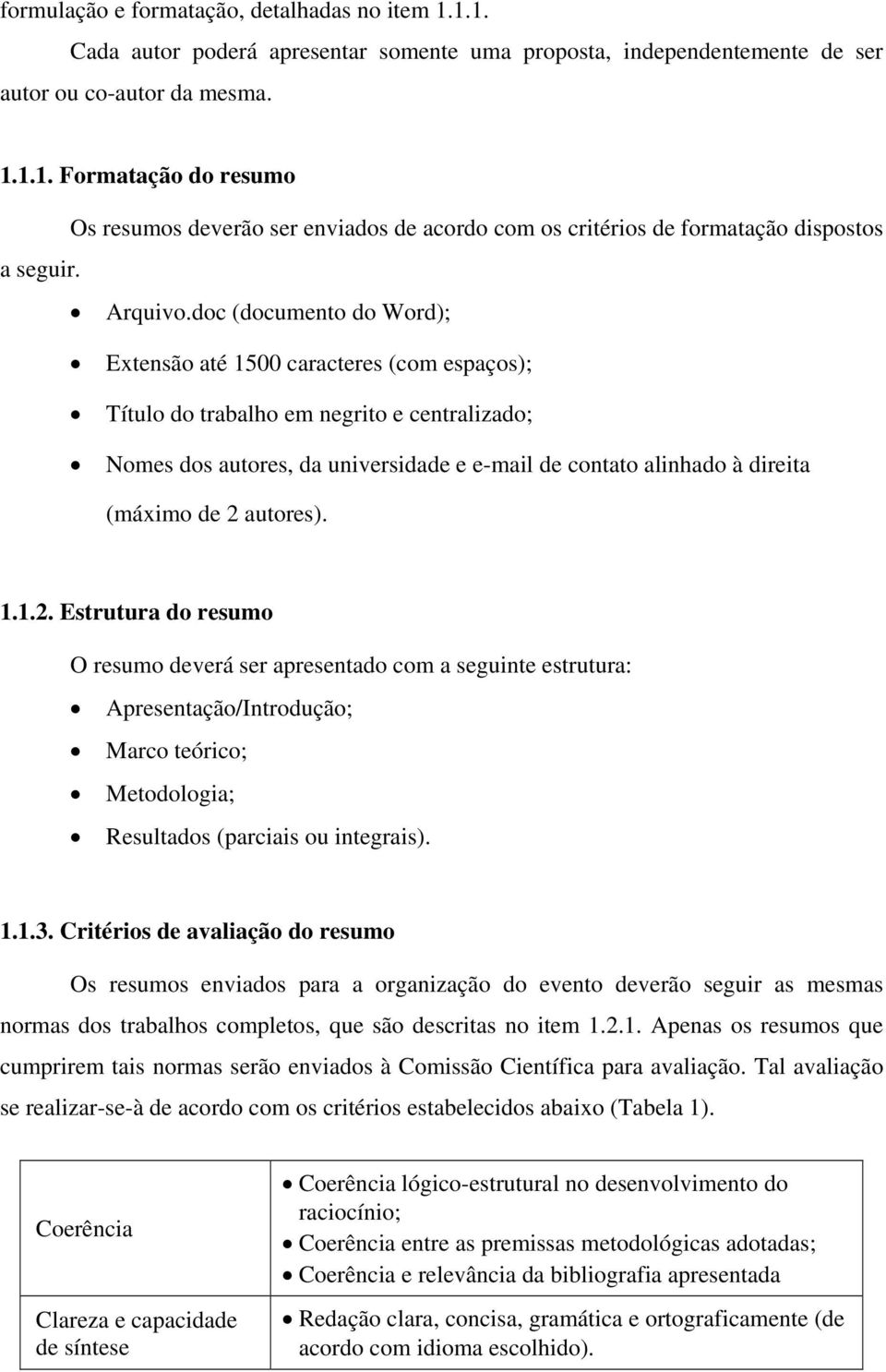 doc (documento do Word); Extensão até 1500 caracteres (com espaços); Título do trabalho em negrito e centralizado; Nomes dos autores, da universidade e e-mail de contato alinhado à direita (máximo de