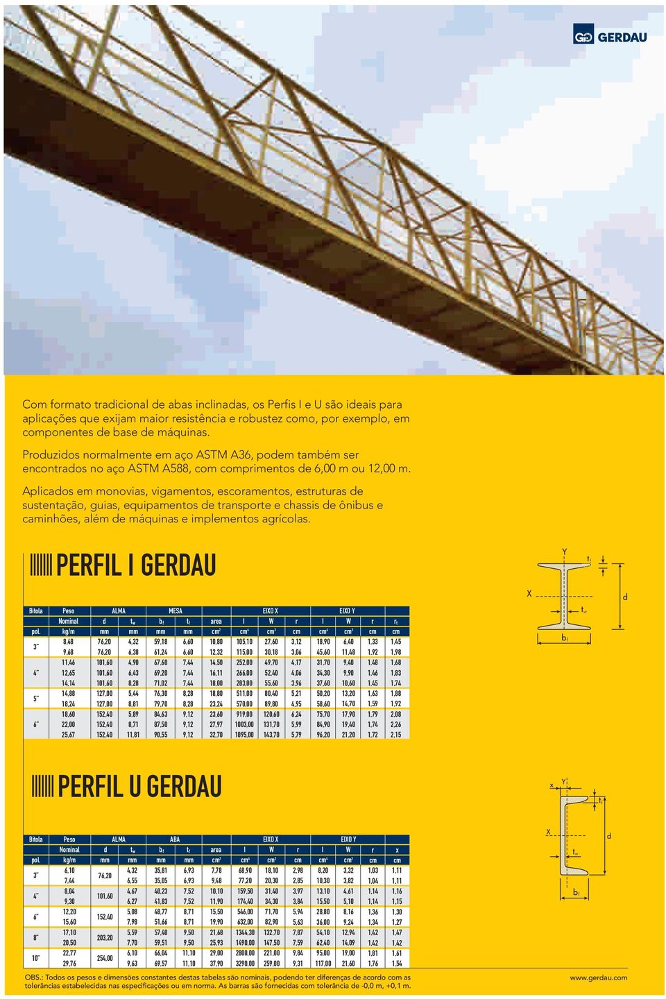 Aplicados em monovias, vigamentos, escoramentos, estruturas de sustentação, guias, equipamentos de transporte e chassis de ônibus e caminhões, além de máquinas e implementos agrícolas.