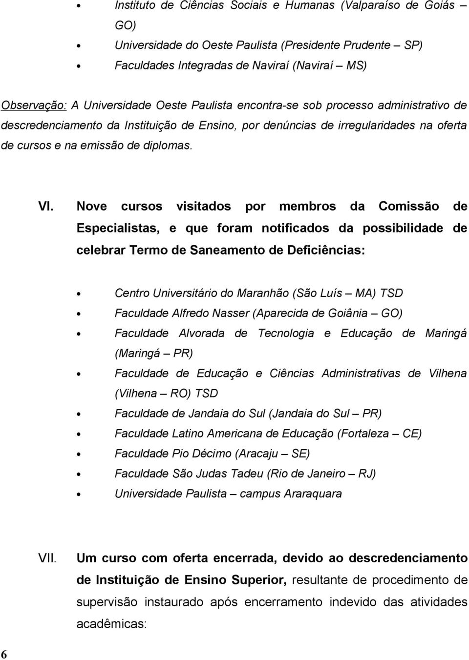 Nove cursos visitados por membros da Comissão de Especialistas, e que foram notificados da possibilidade de celebrar Termo de Saneamento de Deficiências: Centro Universitário do Maranhão (São Luís