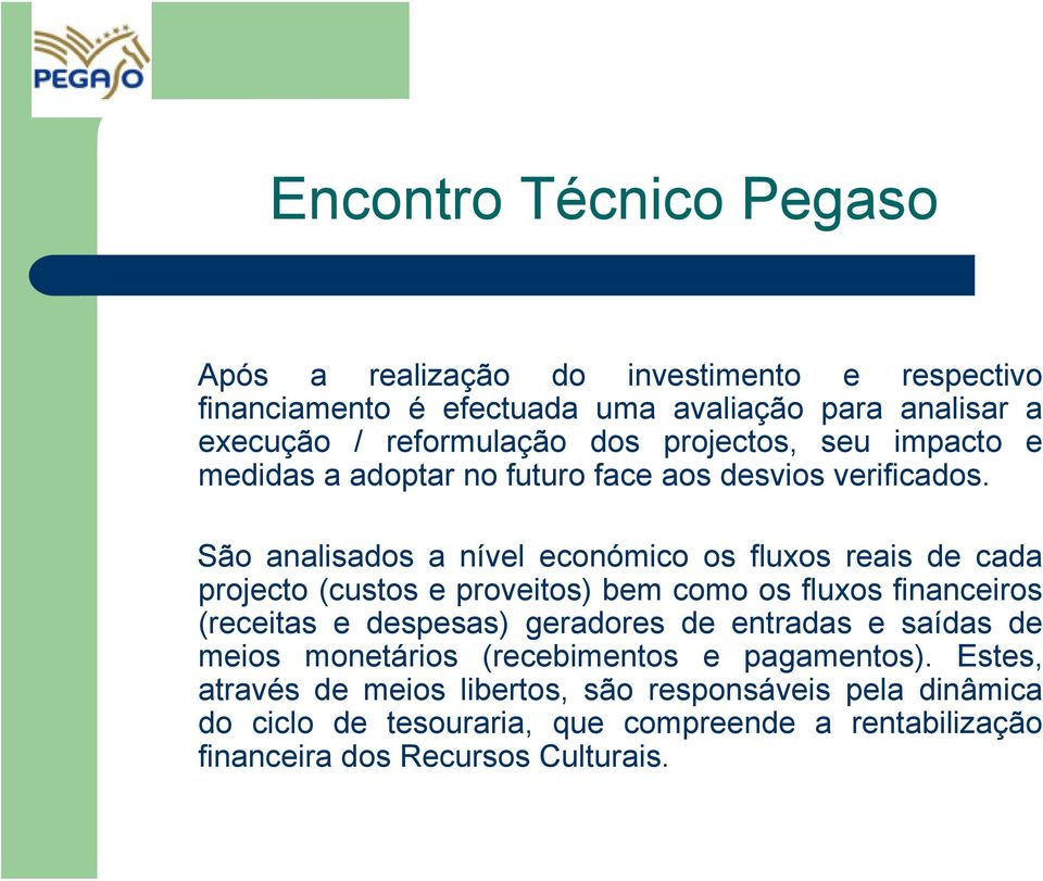 São analisados a nível económico os fluxos reais de cada projecto (custos e proveitos) bem como os fluxos financeiros (receitas e despesas)