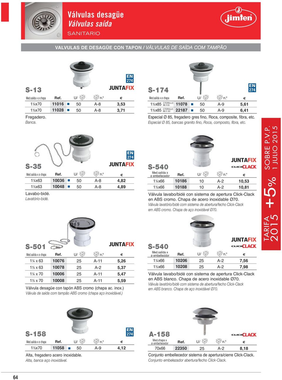 Especial Ø 85, bancas granito fino, Roca, composto, fibra, etc. S-35 Med.salida x ø chapa Ref. U/ n. 1¼x63 1½x63 Lavabo-bidé. Lavatório-bidé. 10036 10048 A-8 A-8 4,82 4,89 S-540 Med.