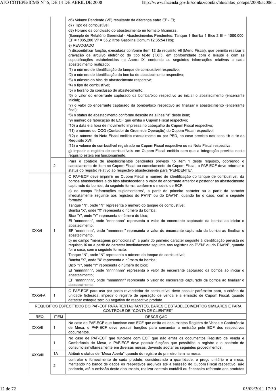 (Exemplo de Relatório Gerencial - bastecimentos Pendentes: Tanque 1 Bomba 1 Bico 2 EI = 1000,000, EF = 1035,200 VP = 35,2 litros Gasolina Comum 12:35:54 Hrs); e) REVOGDO f) disponibilizar função,