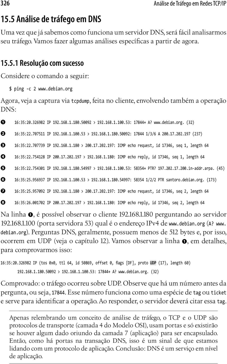 707511 IP 192.168.1.100.53 > 192.168.1.180.50092: 17844 1/3/6 A 200.17.202.197 (237) ❸ 16:35:22.707739 IP 192.168.1.180 > 200.17.202.197: ICMP echo request, id 17346, seq 1, length 64 ❹ 16:35:22.