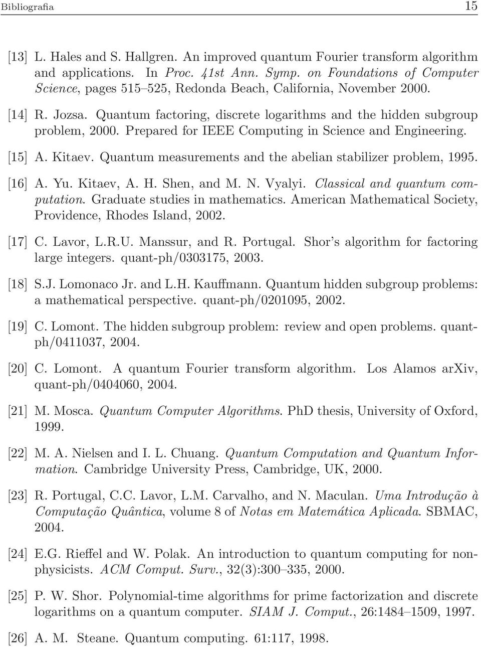 Prepared for IEEE Computing in Science and Engineering. [15] A. Kitaev. Quantum measurements and the abelian stabilizer problem, 1995. [16] A. Yu. Kitaev, A. H. Shen, and M. N. Vyalyi.