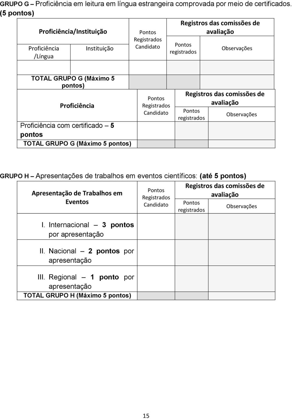 certificado 5 pontos TOTAL GRUPO G (Máximo 5 pontos) GRUPO H Apresentações de trabalhos em eventos científicos: (até 5 pontos)