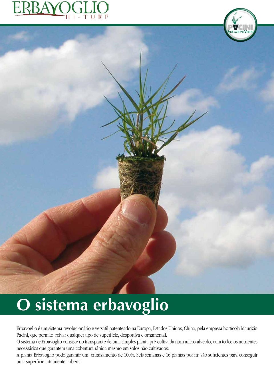 O sistema de Erbavoglio consiste no transplante de uma simples planta pré-cultivada num micro-alvéolo, com todos os nutrientes necessários que