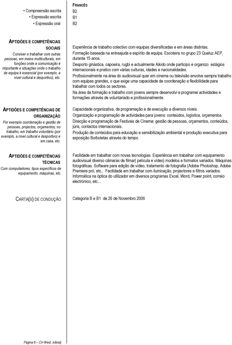 APTIDÕES E COMPETÊNCIAS DE ORGANIZAÇÃO Por exemplo coordenação e gestão de pessoas, projectos, orçamentos; no trabalho, em trabalho voluntário (por exemplo, a nível cultural e desportivo) e em casa,