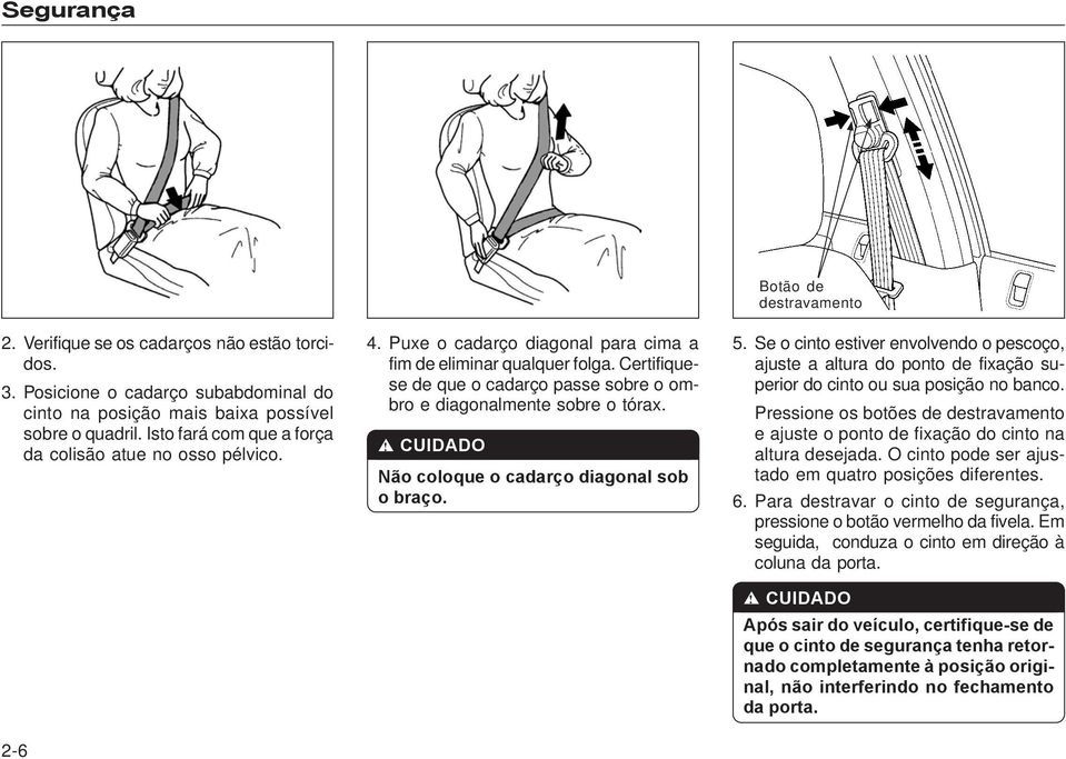 Certifiquese de que o cadarço passe sobre o ombro e diagonalmente sobre o tórax.! CUIDADO Não coloque o cadarço diagonal sob o braço. Botão de destravamento 5.