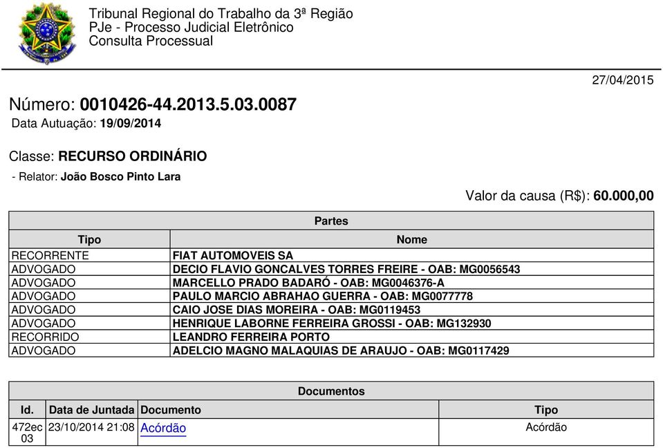 000,00 Tipo RECORRENTE RECORRIDO Partes Nome FIAT AUTOMOVEIS SA DECIO FLAVIO GONCALVES TORRES FREIRE - OAB: MG0056543 MARCELLO PRADO BADARÓ - OAB: MG0046376-A PAULO MARCIO