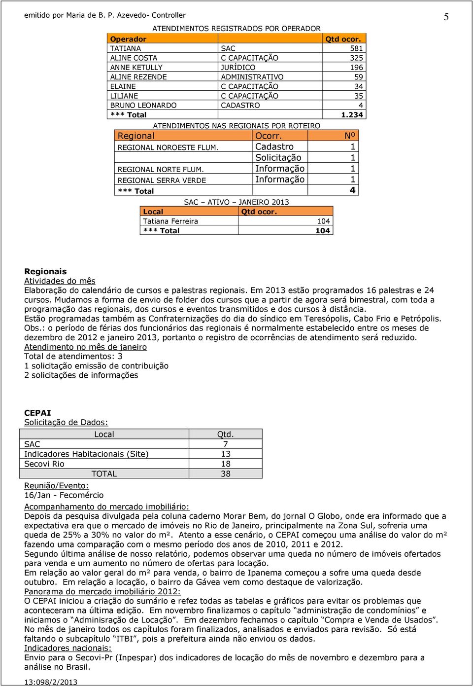 234 ATENDIMENTOS NAS REGIONAIS POR ROTEIRO Regional Ocorr. Nº REGIONAL NOROESTE FLUM. Cadastro 1 Solicitação 1 REGIONAL NORTE FLUM.