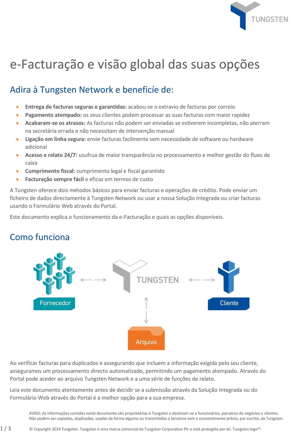 intervenção manual Ligação em linha segura: envie facturas facilmente sem necessidade de software ou hardware adicional Acesso e relato 24/7: usufrua de maior transparência no processamento e melhor