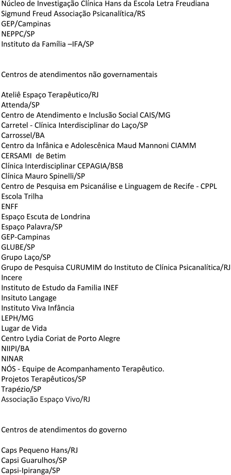 CIAMM CERSAMI de Betim Clínica Interdisciplinar CEPAGIA/BSB Clínica Mauro Spinelli/SP Centro de Pesquisa em Psicanálise e Linguagem de Recife - CPPL Escola Trilha ENFF Espaço Escuta de Londrina