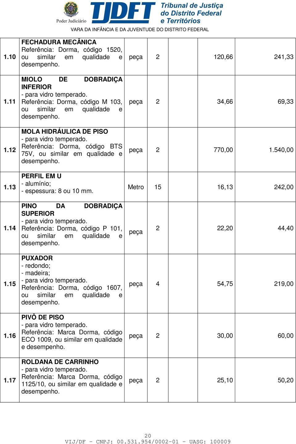 Referência: Dorma, código BTS 75V, ou similar em qualidade e PERFIL EM U - alumínio; - espessura: 8 ou 10 mm. peça 2 120,66 241,33 peça 2 34,66 69,33 peça 2 770,00 1.540,00 Metro 15 16,13 242,00 1.